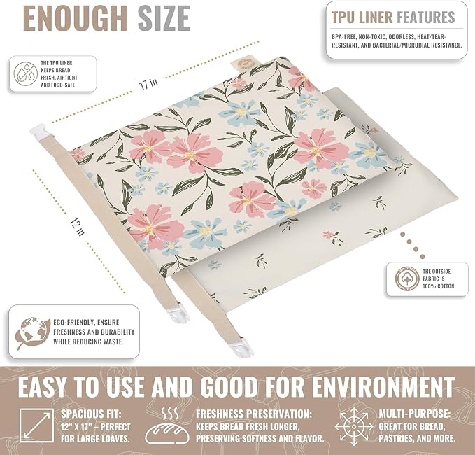 Cozy Bread® Reusable Bread Bag Set for Home Bakers | USA Brand | Charming Bread Designs (Hibiscus)