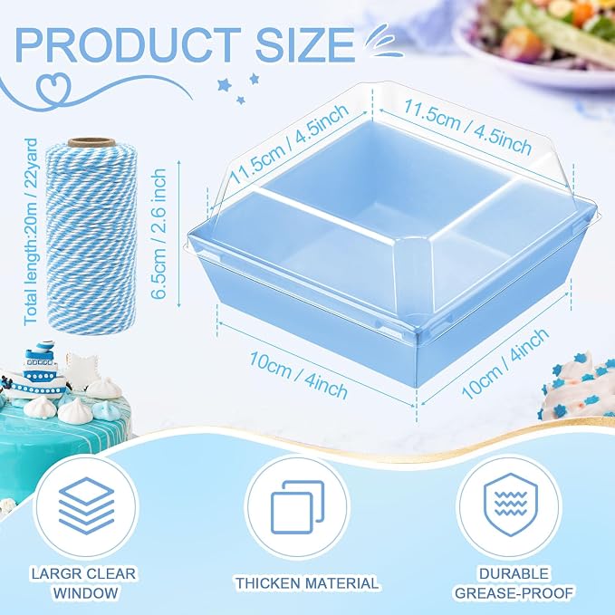 Jetec 150 Pack Charcuterie Boxes with Clear Lids and Rope 4 Inches Cake Disposable Square Dessert Food Box Containers with Lids for Bakery Macaron Cookies Strawberries Fruits Display (Blue)