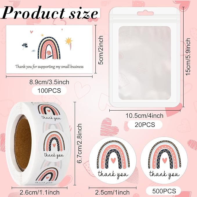 Outus 620 Pieces Thank You for Supporting My Small Business Cards and Stickers Set, Thank You Gold Foil Stickers with Resealable Packaging Bag for Business Owners Packaging Supplies (Rainbow)