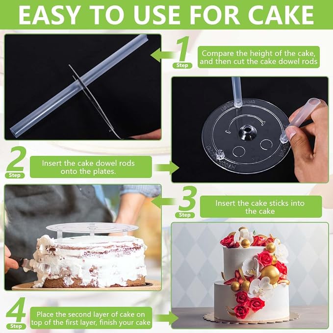 KISEER 5 Pieces Cake Separator Plates Stands with 24 Pieces Plastic Cake Dowels Rods and 15 Pieces Clear Cake Sticks Support Stacking for 4 6 8 10 12 Inch Tiered Cakes