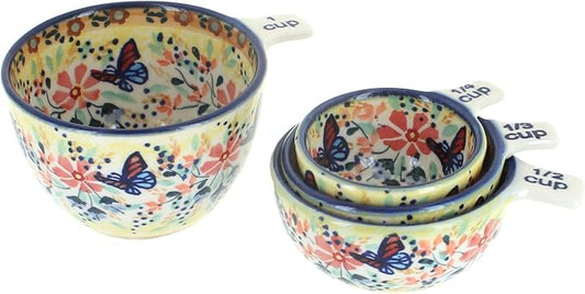 "Blue Rose Polish Pottery - Yellow Blue Butterfly Measuring Cup Set - 1 Set - Ceramic Nesting Measuring Bowls for Baking, Cooking & Kitchen Prep"