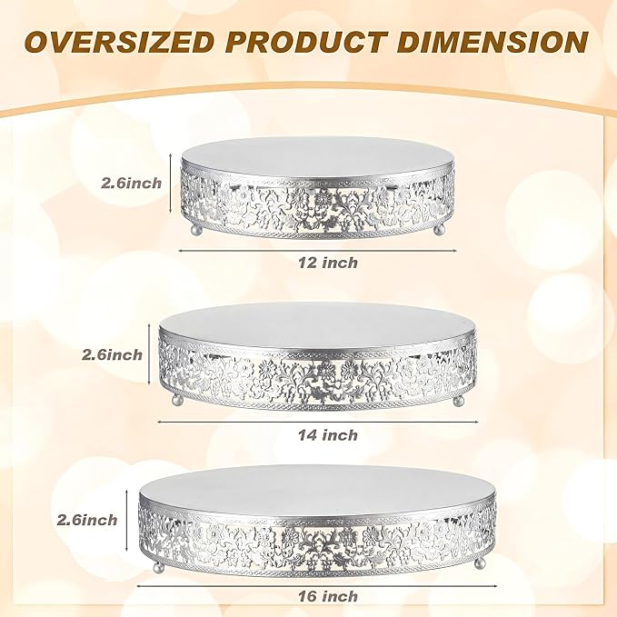 Wenqik 3 Pcs 16'' 14'' 12'' Metal Silver Cake Stand Round Cake Stands for Dessert Table Cookies Fruit Serving Tray Cupcake Dessert Pastry Riser for Wedding Birthday Party and Event(Traditional Style)