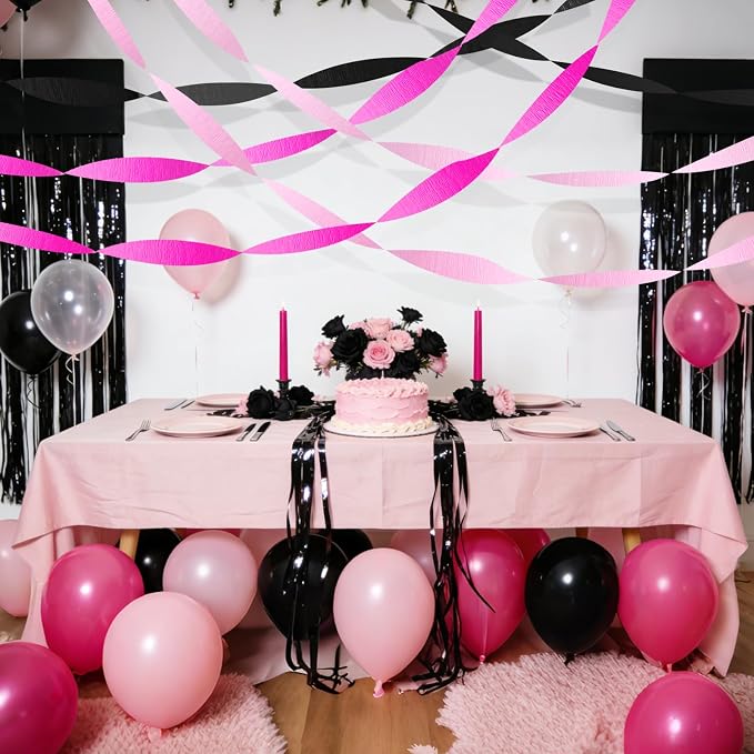 AOYOO Crepe Paper Streamers, 6 Rolls Light Pink Hot Pink and Black Party Streamers, Chic Pink and Black Party Decorations for Girls Birthday, Bachelorette, Sweet 16 and Y2K Party Supplies