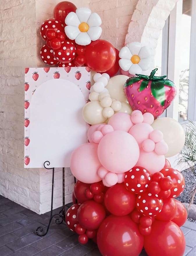 Strawberry Balloon Arch Garland Kit, 137 Pcs Pink Red Cream Balloons with Strawberry and Daisy Foil Balloons, Sweet Berry First Birthday Decor for Girls, Baby Shower, Princess Party Decorations