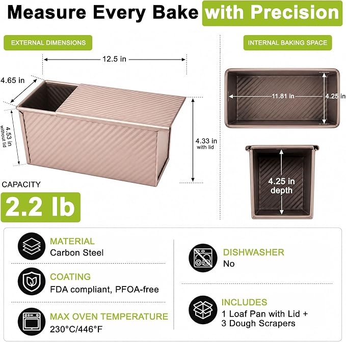 Pullman Loaf Pan with Lid, 2.2Lb 12.5 x 4.6 inch Carbon Steel Bread Pan for Shokupan Japanese Milk Bread, Non-Stick PFOA-Free Silicone Coating, Pain de Mie Sandwich Loaf Tin with 3 Scrapers