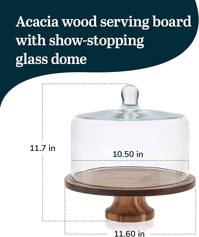 Libbey Acacia Wood Cake Stand with Lid, Footed Cake Stand With Cover, Durable Ball Top Handle Glass Dessert Dome