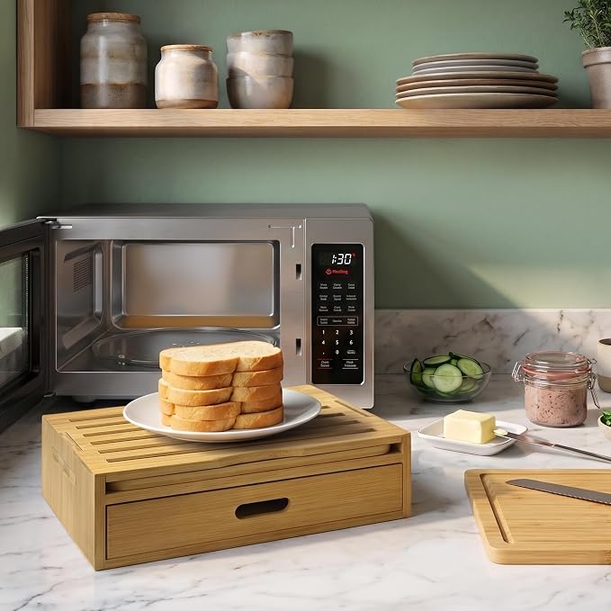 Bamboo Bread Slicer for Homemade Bread, Adjustable Cutter Guide with Crumb Tray, Storage Drawer and Serving Board, Compact Slicing Tool for Even Sourdough and Sandwich Loaf Cuts