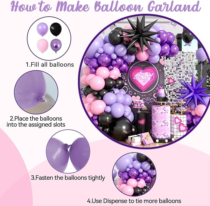 Pink and Purple Balloon Arch Garland Kit, Black Macaron Metallic Purple Pink Birthday Balloons, Star Foil Balloons for Princess Girl Theme Birthday Decorations Baby Shower Party Backdrop