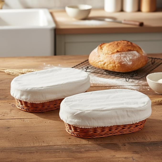 14" Bread Proofing Basket with Non-Stick Linen Liners,Wicker Sourdough Proofing Bread Baking Supplies,Oval Banneton Bread Baskets for Home Bakers Homemade Bread Baking（Wicke Set of 2）