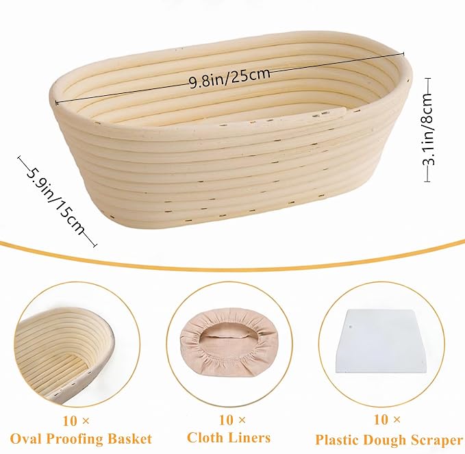 Nisorpa Oval Banneton Bread Proofing Basket Set of 10 Sourdough Banneton Basket Bread Baking Bowl Kit with Cloth Liners and Dough Scrapers for Home Bakery Bread Bakers 10 Inch