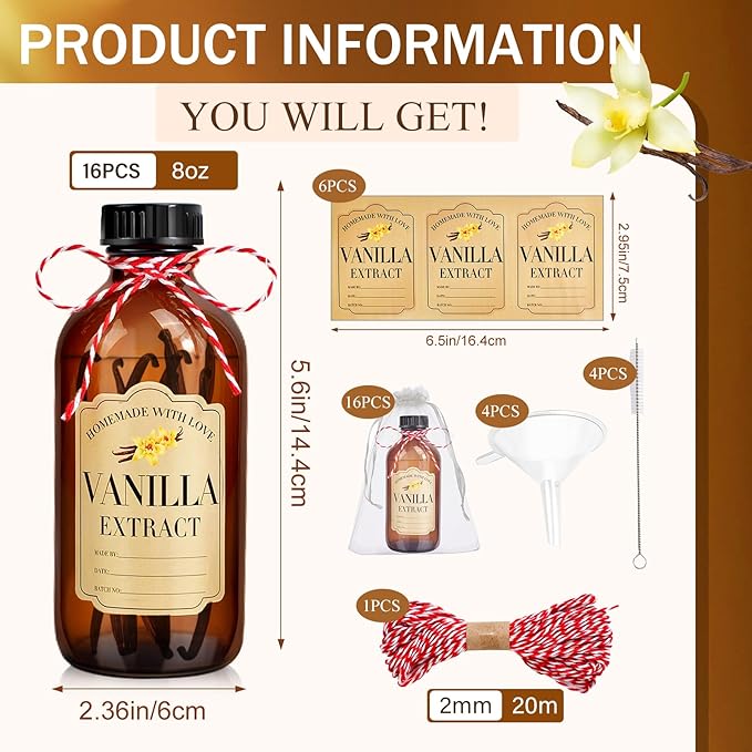 BHHQHH 16Pcs 8 oz Amber Glass Bottle Boston Round Bottles for Vanilla Extract Homemade,Brown Vanilla Extract Bottles with Caps for Syrup Gift Glass Food Storage Canister and Sauce Beans