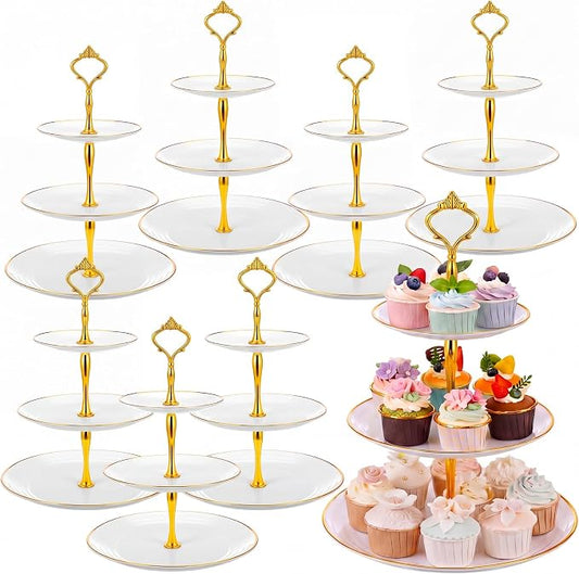 Teenyyou 8 Pack 3 Tier Cupcake Stand Bulk Tiered Dessert Stand Thick Plastic Serving Tray with Gold Edges Dessert Table Display Set Tea Cake Holder for Wedding Birthday Party(White Gold,Crown Shaped)