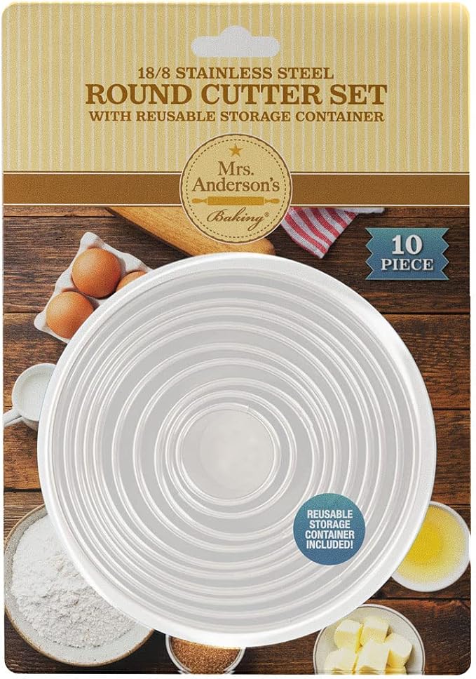 Mrs. Anderson’s Baking Cookie Fondant Cutters, Graduated Round, Stainless Steel, 10-Piece Set with Storage Container