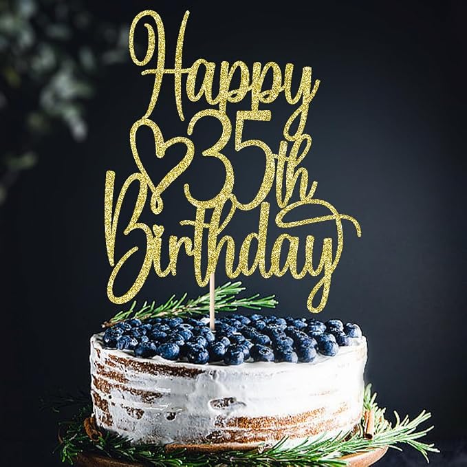 Gold Glitter Happy 35th Birthday Cake Topper - Cheers to 35 Years Cake Topper, 35 & Fabulous Cake Decoration for Hello 35th Birthday Anniversary Party Cake Decorations Supplies