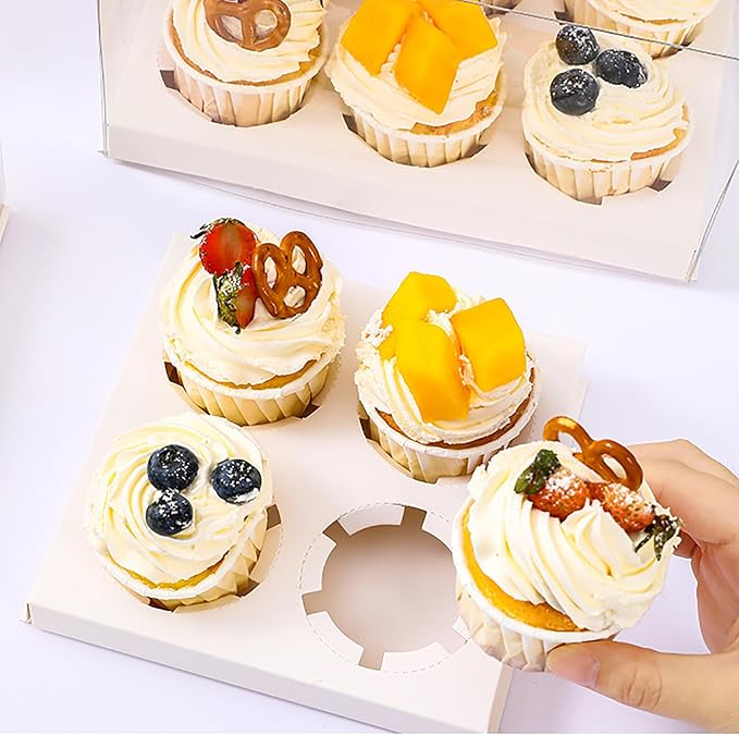 Cedilis 20 Pack Clear Cupcake Boxes with Gift Ribbon, 4 Count Plastic Cupcake Containers, Cupcake Carrier Holder for Treat Dessert Cookies Muffins Pastry Baby Shower Party