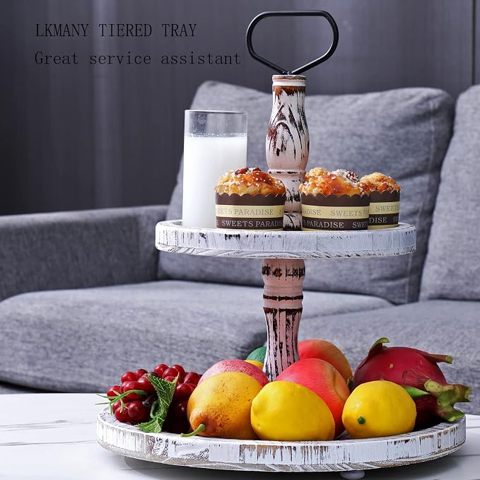 Tiered Tray Two Tier Trays Round Rustic Cupcake Stand,Serving Cakes Holder with Handle for Living Room,Party