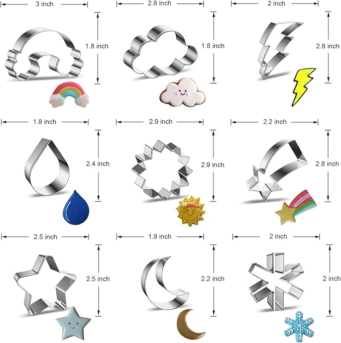 Weather Cookie Cutter Set for Baking - 9 Piece - Rainbow Cloud Lightning Bolt Raindrop Sun Shooting Star Moon Snowflake Cookie Cutters Shapes Molds for Kids Holiday Birthday Party Supplies Favors