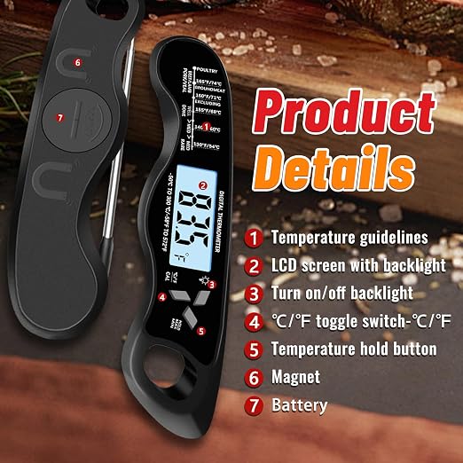Meat Thermometer, IP67 Waterproof Digital Meat Thermometer with Backlight, Hold Function & Magnet for Grill, BBQ, Candy, Beef,Turkey