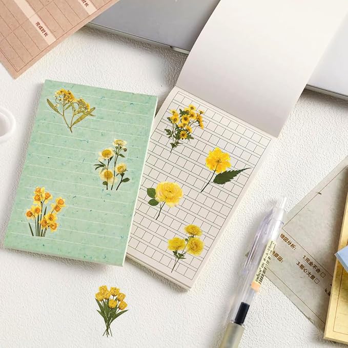 Yellow Chrysanthemum Stickers - 50PCS Vintage Dried Floral Stickers Waterproof PET Aesthetic Decals for Journaling, Scrapbooking, Water Bottles, Laptops, Perfect for Plant Lovers & Craft Enthusiasts