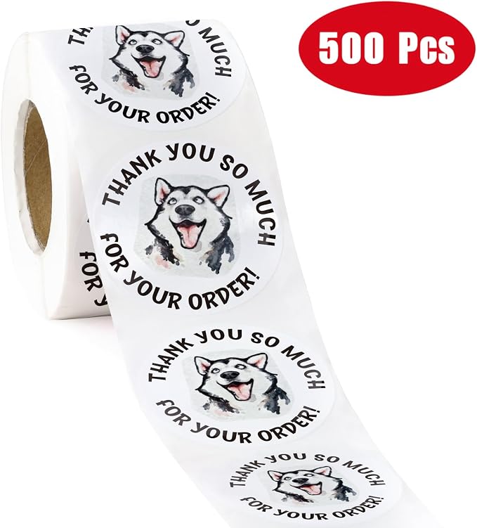 WRAPAHOLIC 2 Inch 500 Total Business Stickers Roll - Funny Husky Dog Design, Thank You Lables, Shipping Stickers for Baby Shower and Party Decorations