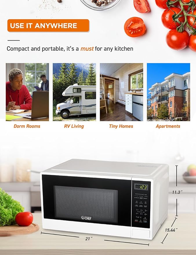 Commercial Chef 1.1 Cu. Ft. Countertop Microwave Oven, Touch Controls with Digital LED Display, 1100W Microwave, Push Button Door, 10 Power Levels, CHCM11100W, White