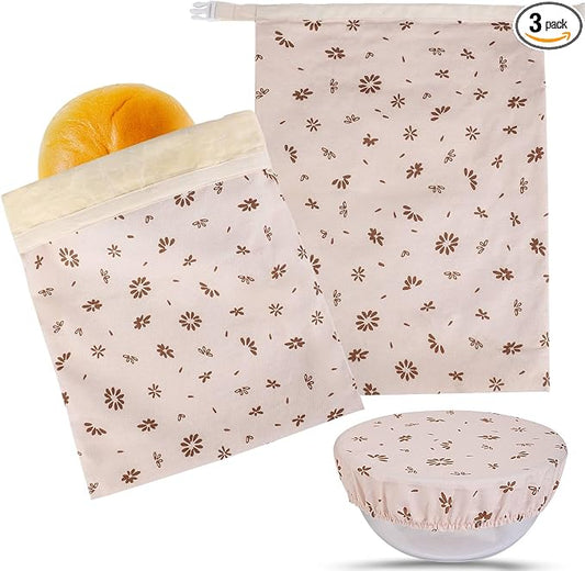 Tirphy 3 Pack Reusable Bread Bags and Bowl Cover Set, Beeswax Bread Bags for Sourdough, Homemade Bread Storage to Keep Loaf Fresh