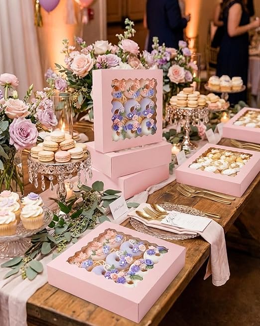 Bakepacker 55pcs Pink Pie Boxes 8x8x2.5 inches Easy Assemble Macaroon Cookie Boxes Bakery Boxes with Window for Bakery (Auto-pop Up)
