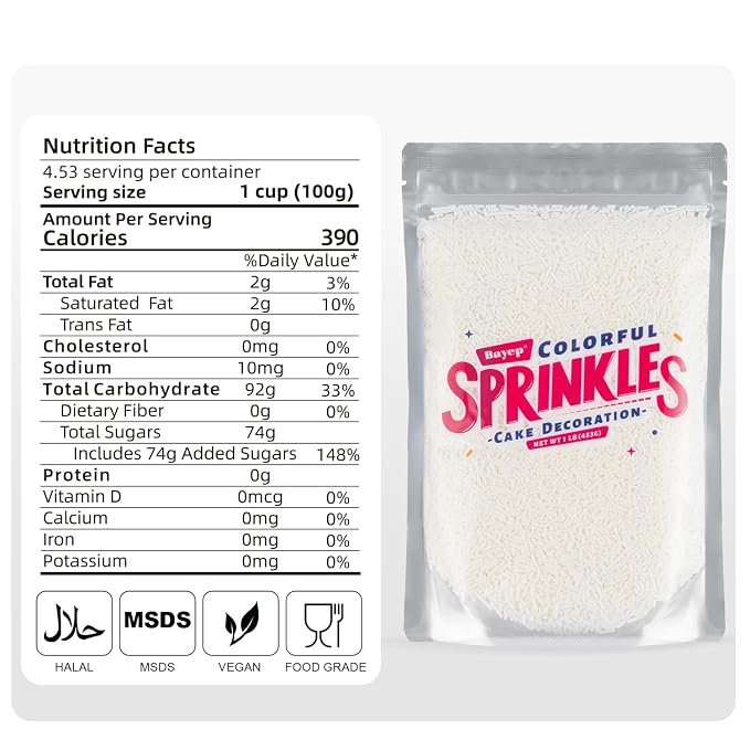 Edible White Sprinkles Bulk 16 oz Bulk White Jimmies for Ice Cream Dessert Toppings brownies Cookies, Cupcakes, Cake Decorating Birthday Baby Shower