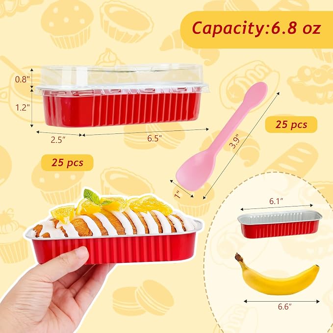 LNYZQUS Mini Loaf Pans with Lids 25 Pack, 6.8oz Individual Cake Tins Foil Baking Pan for Small Bread Loaves, Disposable Muffin Cups Little Aluminum Containers for Christmas Baking Gifts -Red