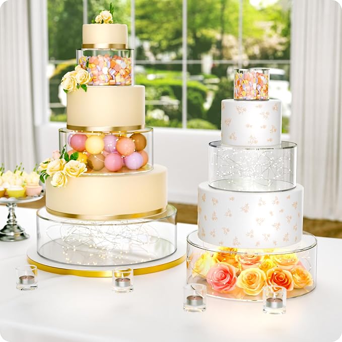 NPPLUS 3PCS Clear Acrylic Cake Stand, Fillable Cake Box Riser Cake Tier, Round Cake Display Box with Lid, Decorative Centerpiece Box for Wedding Birthday Party (14" Dx4 H,10" Dx4 H,6" Dx4 H)