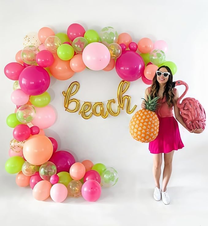 Tropical Balloon Arch Garland Kit, Hawaiian Luau Party Decorations with Hot Pink and Green Balloons, Palm Leaves Balloons Gold Confetti Balloons for Aloha Flamingo Beach Summer Theme Party Decofations
