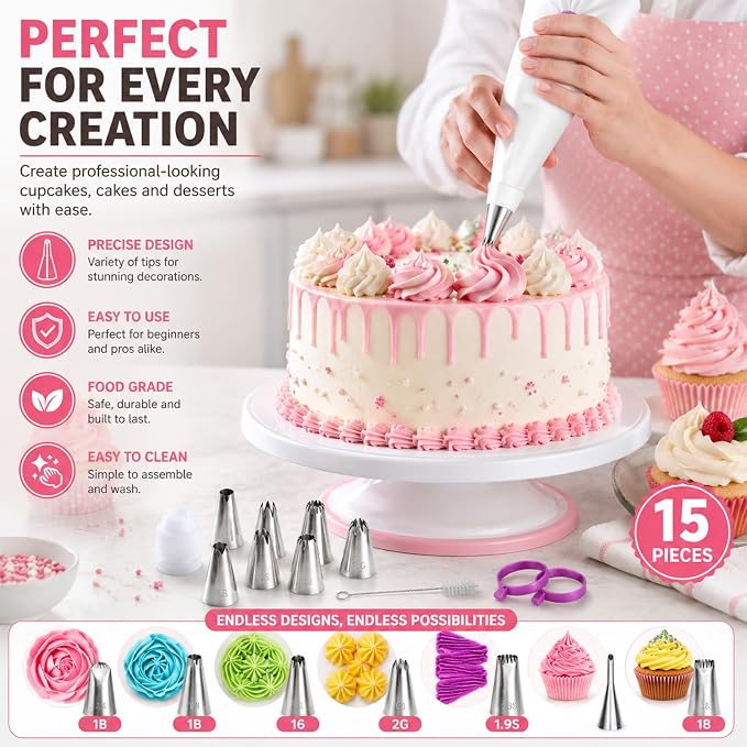15 Pcs Piping Bags And Tips Set,12'' & 14'' Reusable Cotton Piping Bags,Easy to Clean,for Home Bakers & Chefs