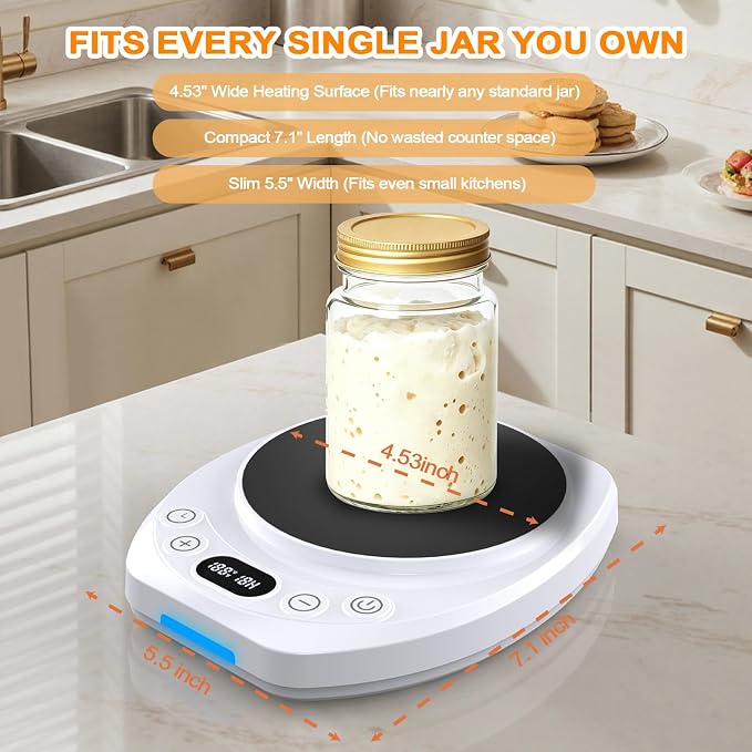 Sourdough Starter Warmer Mat,65-110°F 1°F Precision, 24H Timer & Memory, Electric Heating Mat for 24-40oz Jars, Home Baking（white）
