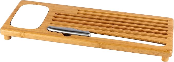 BAMBOO LAND- Large Bamboo Bread Board with Bread Crumb Catcher and Ceramic Dipping Dish