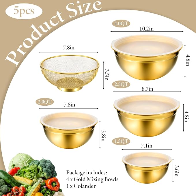 5 Pack Gold Mixing Bowls with Airtight Lids, Stainless Steel Mixing Bowl Set with Colander, Gold Nested Bowl, Metal Nesting Organizers, for Baking Prepping and Serving Food, Size 1.5, 2.0, 2.5, 4.0 Qt
