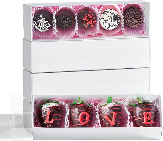 TEMLQPACK Bakery Packaging Supplies: 12Pack White Chocolate Covered Strawberry Box for 4, Macaron Boxes, Long Treat Box for Truffles, Cookies, Ores, Chocolate Cocoa Bombs & Cake Ball