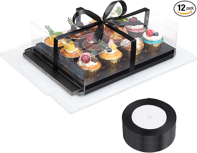 EUSOAR Cupcake Boxes, 12 Pack Black Assembly Plastic Clear Cake Containers 12 Count with Gift Ribbon, Rectangle Disposable Muffins Gift Holder Mini Cake Carrier for Wedding Party Favor Bakery