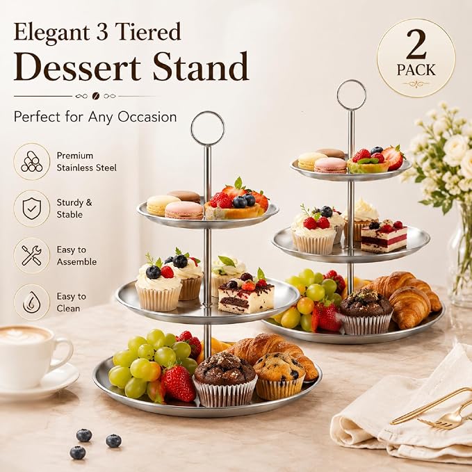 ABuff 3 Tiered Silver Cupcake Stand 2 Pack Stainless Steel Silver Tiered Dessert Stand Cupcake Display Tower 3 Tier Serving Tray Cake Stand for Baby Shower Birthday Party Wedding
