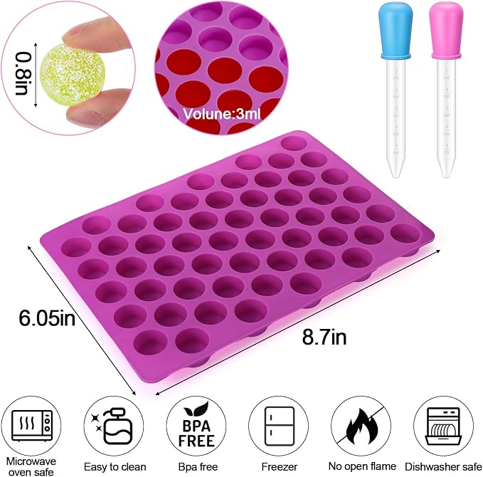Palksky Round Candy Mold, 4PCS 220 Cavities Mini Cylinder Silicone Molds for Hard Candy, Gummy, Chocolate, Mint, Fruit Snacks, Non-stick for DIY Homemade Treats with 2 Droppers