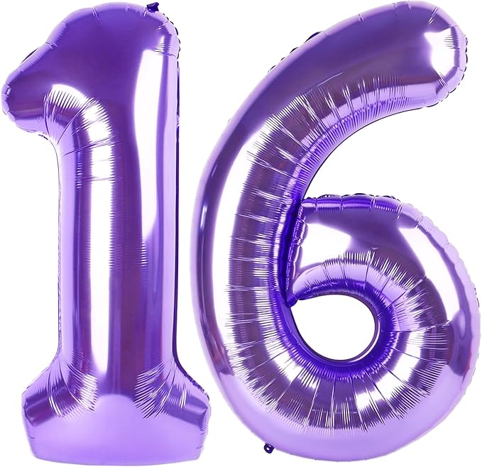 Purple Number 16 Balloon 40 Inch, 16th Birthday Party Decorations for Children, Giant 16 Foil Balloon for Party Supplies