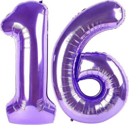 Purple Number 16 Balloon 40 Inch, 16th Birthday Party Decorations for Children, Giant 16 Foil Balloon for Party Supplies