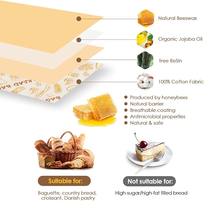 2-Pack pure cotton Reusable Beeswax Bread Bags - Large 17x13 Inch for Sourdough & Homemade Bread Storage | All-Natural Beeswax Preservation, Eco-Friendly Cotton Food Bags - Easy to Clean & Daily Use