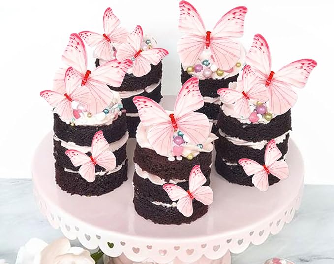 60Pcs Edible Butterfly Cupcake Toppers Pink Butterflies Cupcake Picks Drink Toppers for Butterfly Theme Baby Shower Girls Birthday Party Birdal Shower Engagement Wedding Party Decorations