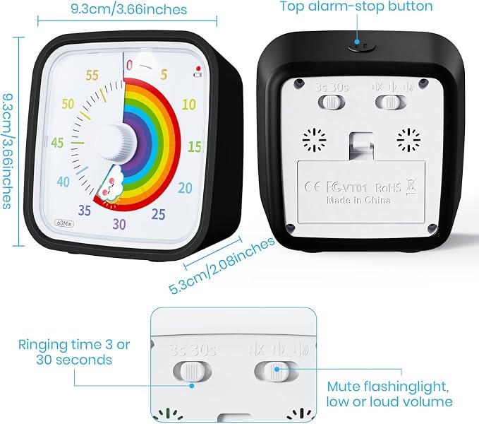 Yunbaoit Upgraded Visual Timer with Protective Case, Silent 60 Minute Countdown Timer for Kids and Adults with Low Power Reminder Clock Time Management Tool (Black Rainbow)