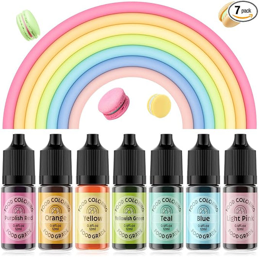 Cherrysea Food Coloring for Cake Decorating Macaron Edible Food Dye for Baking Royal Icing Cookie Supplies Gluten Free 7x12ml Food Grade Liquid Food Color Kits, 0.4 Fl. Oz/Bottles
