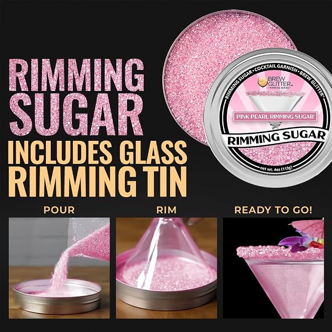 Brew Glitter - Rimming Sugar (4oz, 1x Bar Tin) Cocktail Garnish for Mixed Drinks & Refreshments (Pink, 1lb)