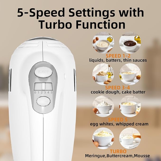3.2QT 2-in-1 Stand Mixer, Electric Kitchen Mixer with Auto-Rotating Bowl & Tilt-Head, 5-Speed 250W Turbo Baking Machine for Beginners with Beater & Dough Hook for Cookie, Bread, Cake (White)