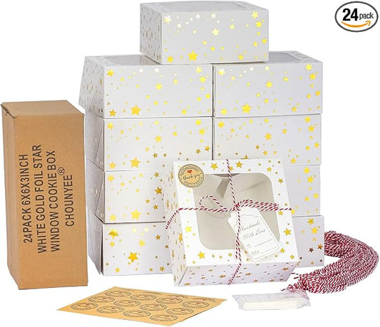 24 Pack 6X6X3 Christmas Cookie Boxes for Gift Giving Gold Foil Star White Bakery Boxes with Window 6 Inch Small Treat Boxes for Mini Cake Pastry Dessert Cupcakes Candy Donut Packaging