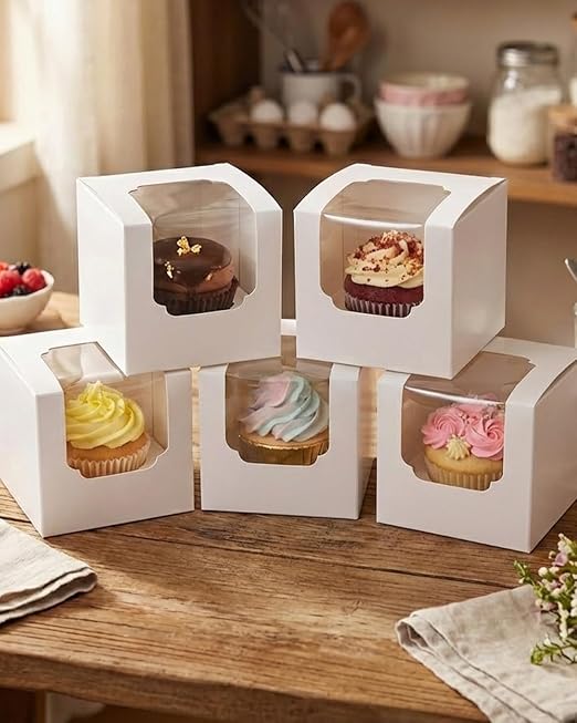 qiqee White Auto-pop up Cupcake Boxes Individual Cupcake 3.5x 3.5x 3.5inch 200pcs Single Cupcake Boxes
