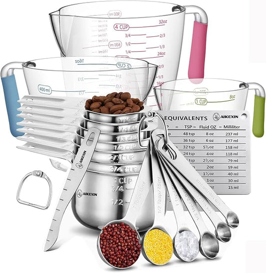 AIKEXIN 20 PCS Measuring Cups & Spoons Set, for Cooking & Baking Gadgets | 18/10 Stainless Steel, Metal Material | Nesting, Stackable Design | Dry & Liquid | Plastic | Leveler, Conversion Chart